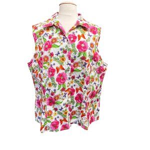 Floral Sleeveless Button Up Blouse First Issue Sequins Pink & Orange Size 3
